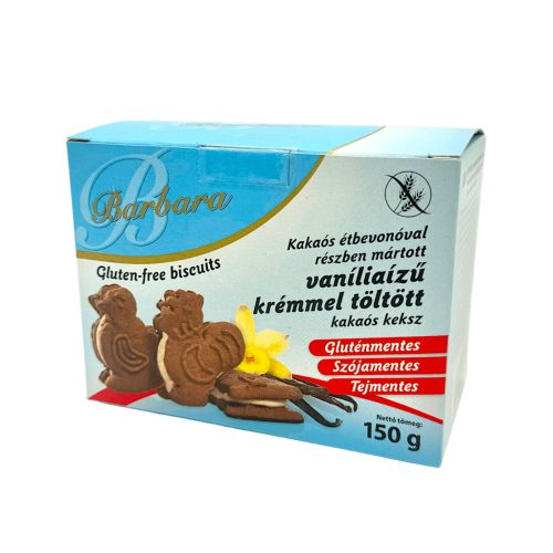 Vaníliaízű krémmel töltött, étbevonó talpas kakaós állatos keksz gluténmentes 150g Barbara